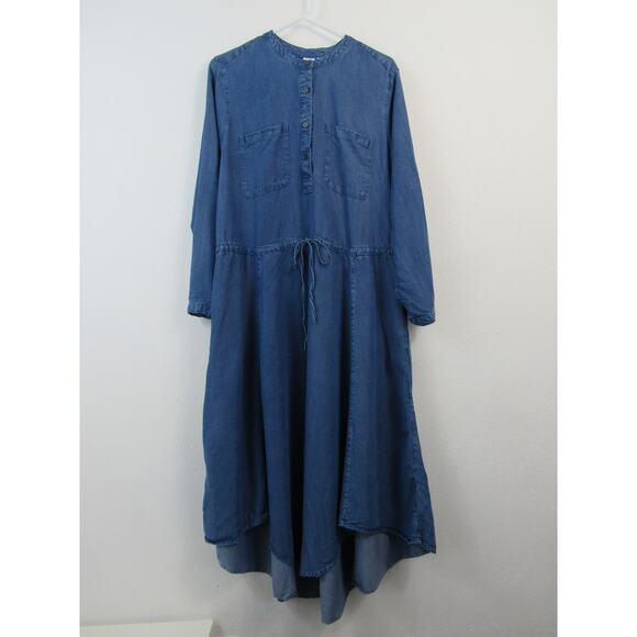 Gap Medium Tall Long Sleeve Tie Shirt Dress Chambray Indigo Casual Peasant - Picture 1 of 5
